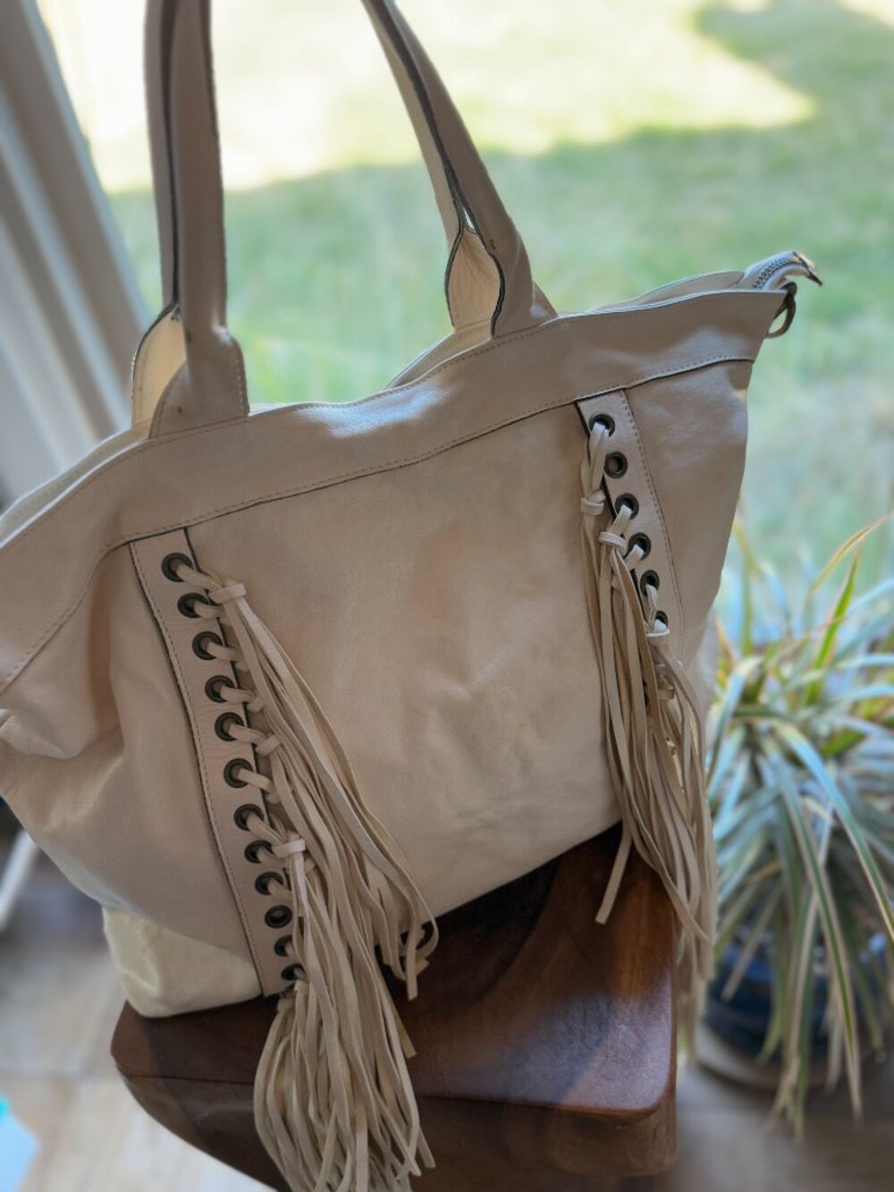 🤍 JOHNNY WAS Ivory Leather Fringe Tote | Made in Italy | Boho Luxury